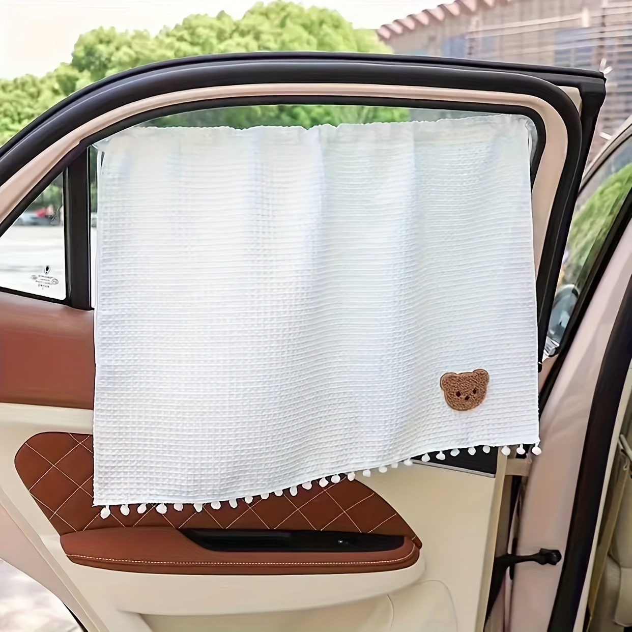 Image of 1pc Cute Bear Pattern Car Sunshade, Waffle Curtain Bear Head Car Interior Sun Insulation Sunshade Privacy Curtain