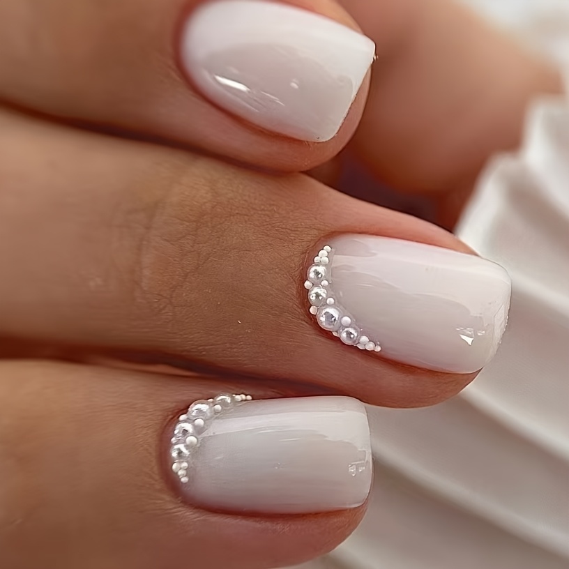 Image of 24pcs Short Square Rice White Wear Nails Spring Detachable Nail Pieces Gentle Pearl Embellished Fake Nails With Jelly Glue 1 Rub 1