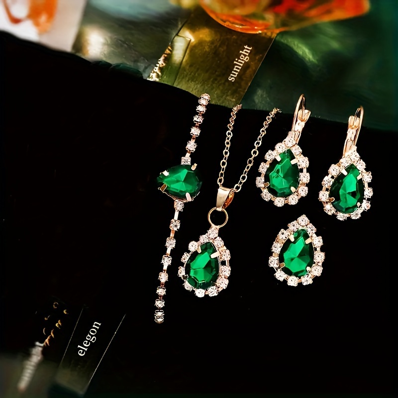 

Elegant 5pcs Drip-shaped Green Crystal & Alloy Jewelry Set, Luxurious Sophisticated Style, Versatile For All-season, Ideal For Daily Wear Or As A Gift (no Box Included)