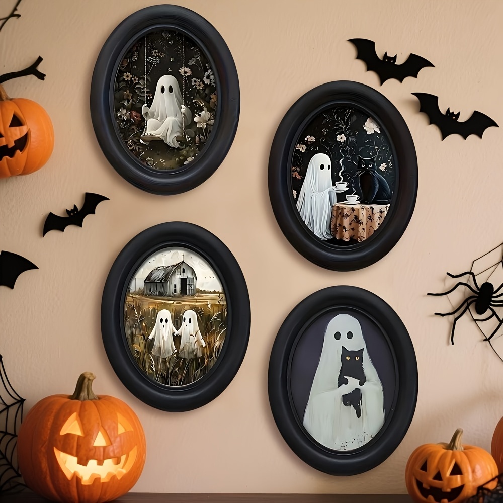 TEMU 4pcs Oval Wooden Garden Swing Ghost Ornaments, Retro Gothic Style Ghost And Black Cat Design, Suitable For Halloween, Christmas, Thanksgiving