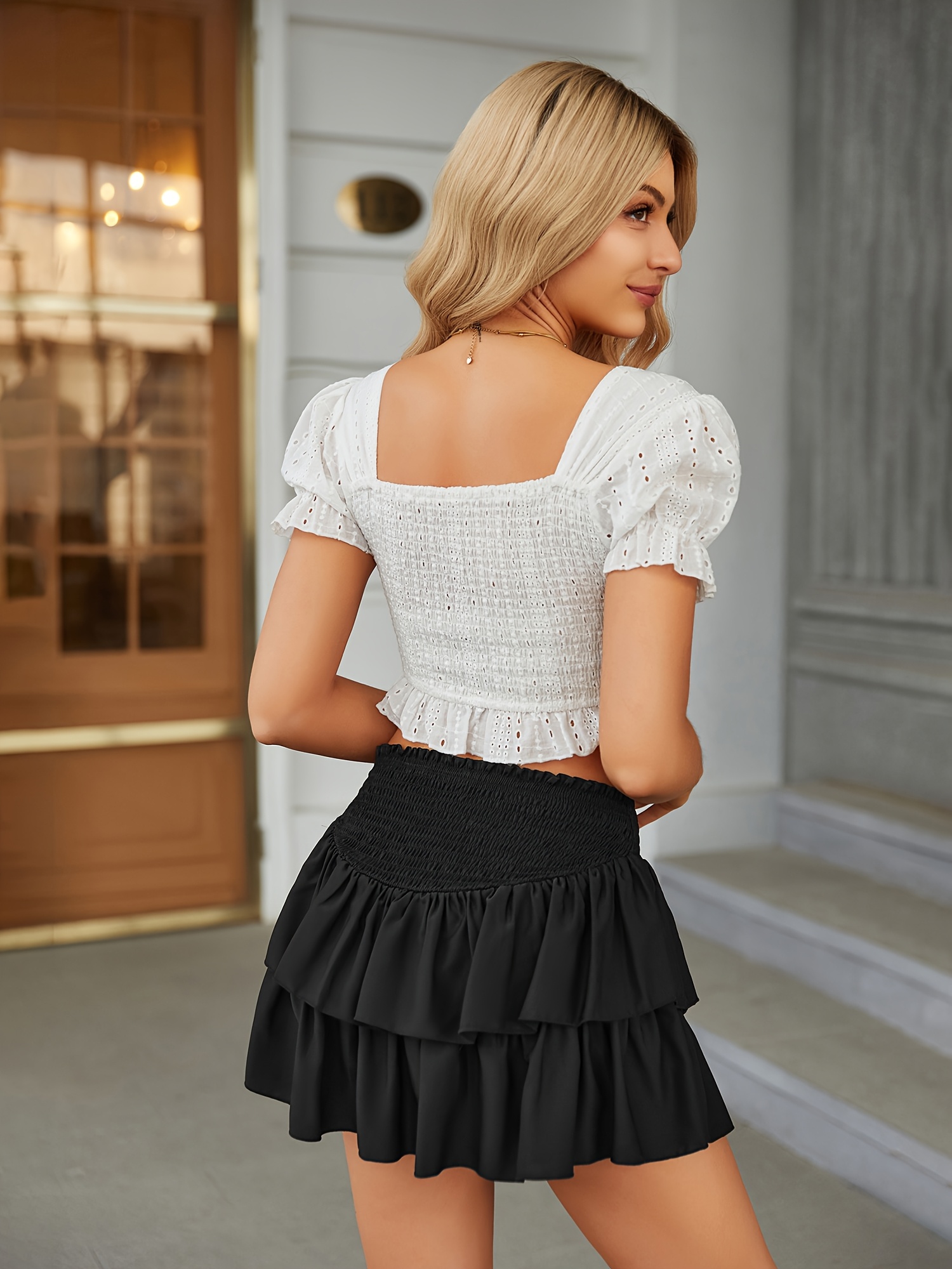solid layered ruffle hem skirt elegant shirred waist swing