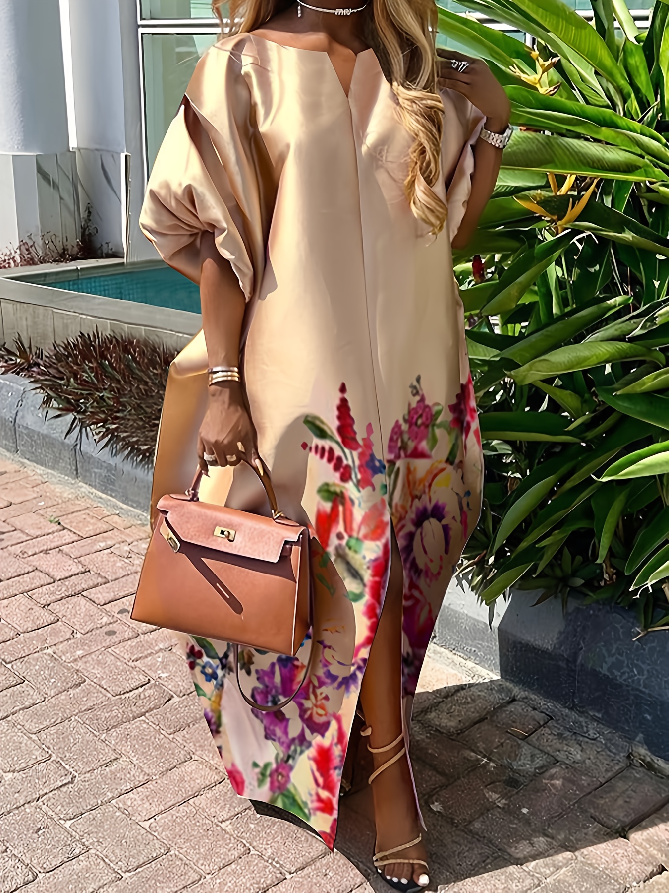 Freeacy Women'S Elegant Floral Printed Maxi Dress Boat Neck Puff Sleeves H-Line Splited Evening Dresses Floor Length Party Dress main image 0