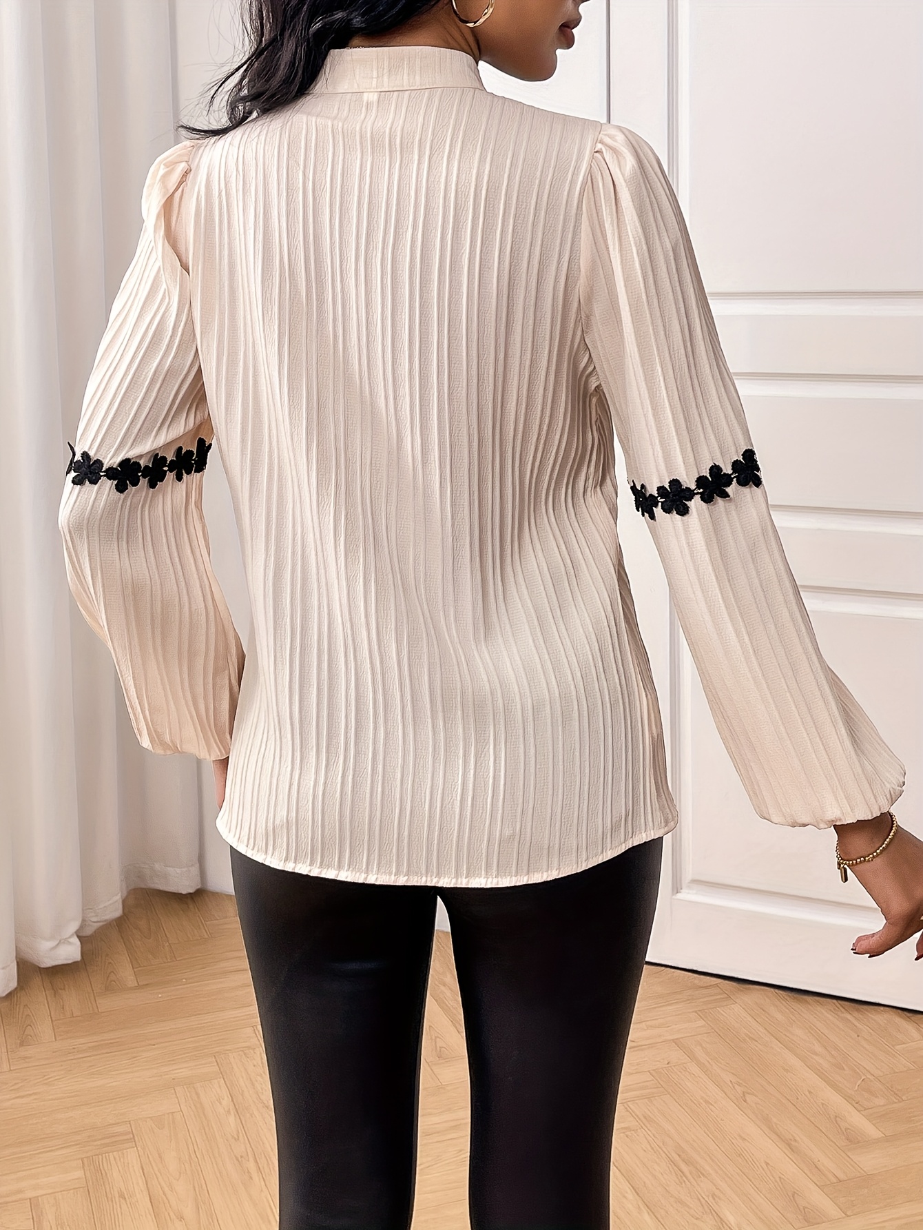 winter chic elegant lace trimmed lantern sleeve blouse textured wave stripe stand collar long sleeve   fall winter apricot 2