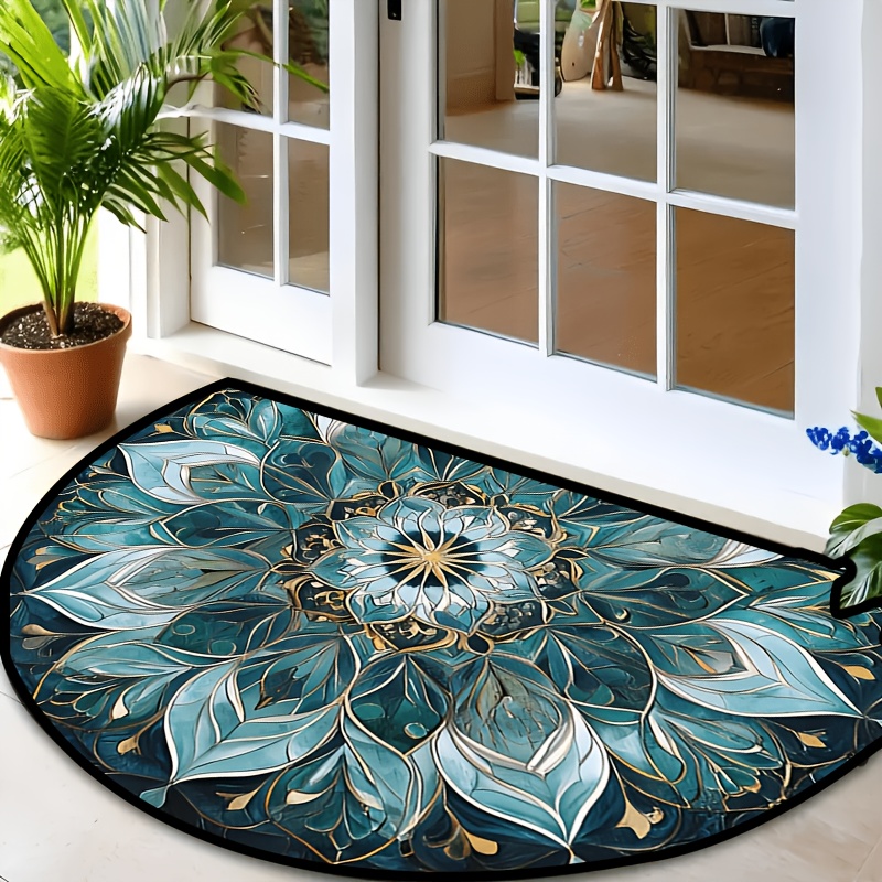 TEMU 1pc Kafulam Flannel Door Mat Suitable For Home, Soft Machine-washable Semi-circular Welcome With Blue & Golden Mandala Design, Pvc Backing