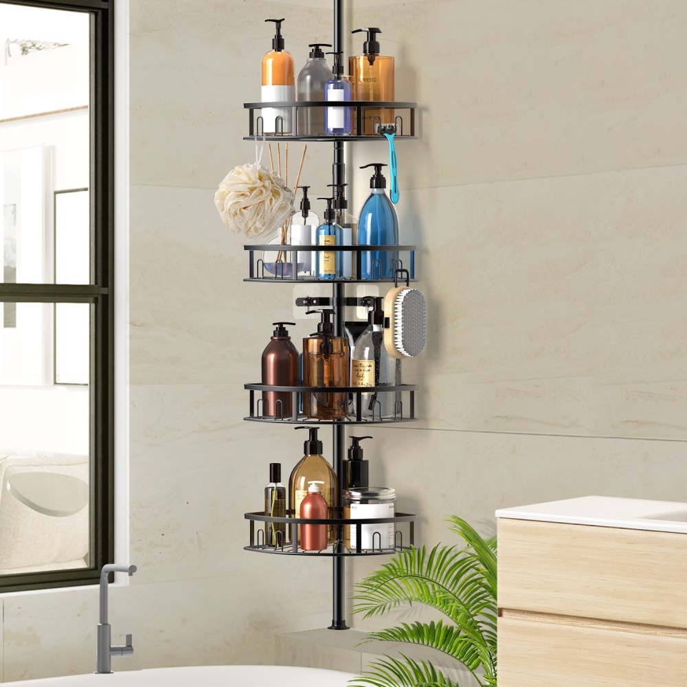 TEMU 4-tier Rustproof Corner Shower Caddy With Tension Pole - 42-115 Inch Adjustable Height, Bathroom Decor And Accessories, Shower Shelves With
