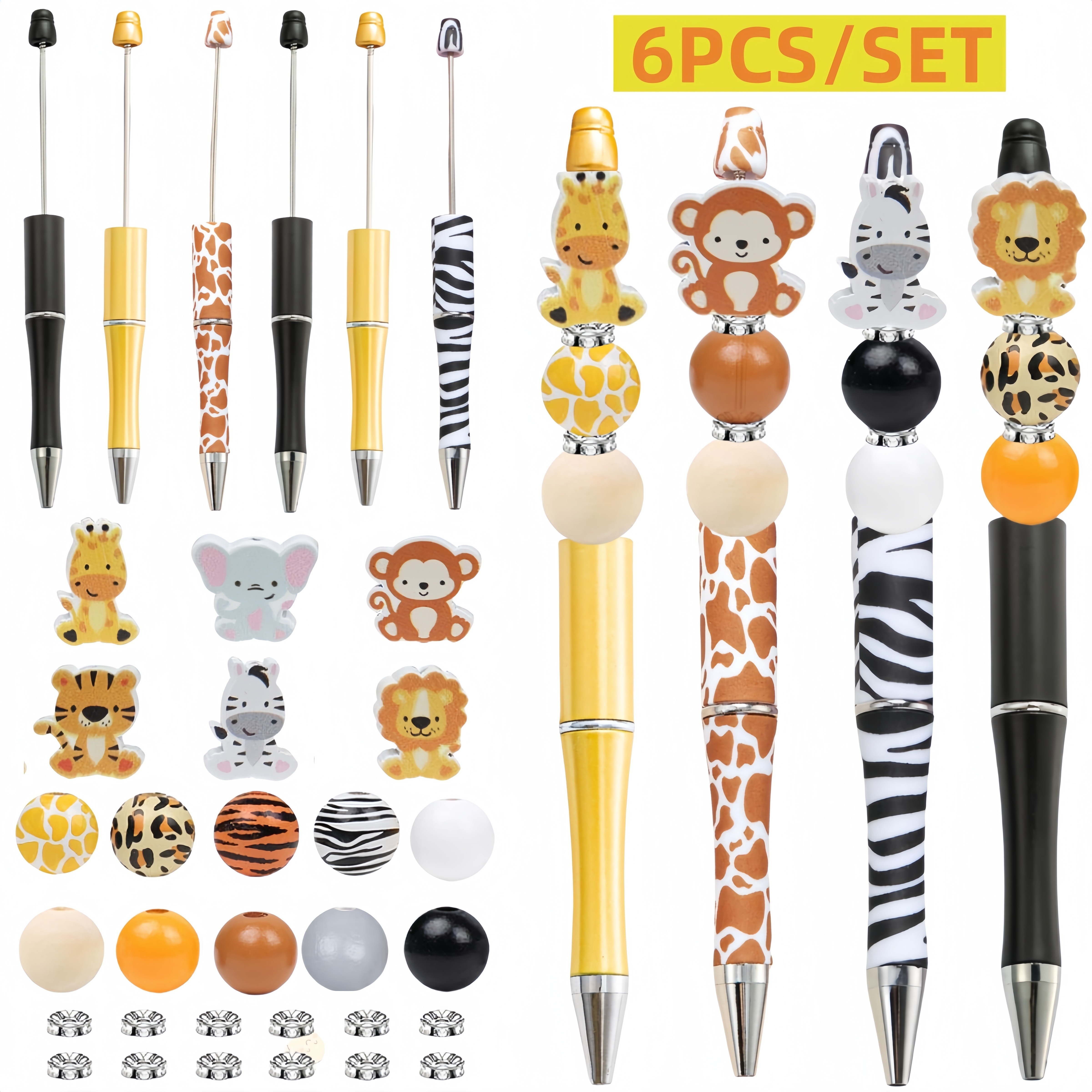 

6-piece Animal-themed Ballpoint Pen Set With Jungle Safari Beads, Tiger, Lion, Zebra, Giraffe, Elephant, Monkey Charms, Plastic Material, Ideal For Office, School, Gifting - Suitable For Ages 18+