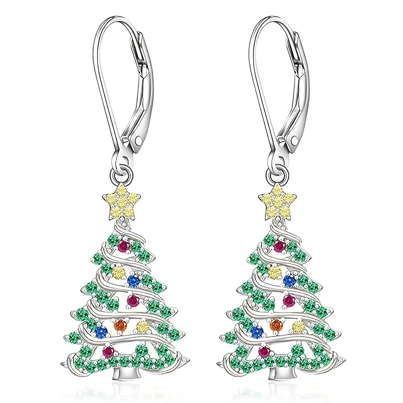 TEMU 2pcs Silvery Tone Hollow Spiral Christmas Tree Leverback Earrings Sparkling Multicolor Cubic Synthetic Zirconia Inlaid Xmas Jewelry For Women