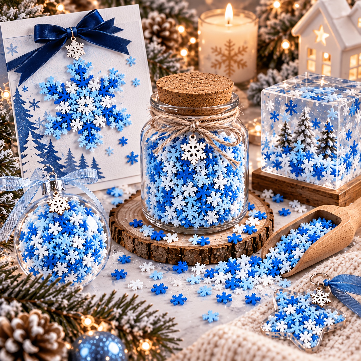 TEMU 2250pcs Mini Snowflake Polymer Clay Slices Suitable For Diy Crafts, Nail Art & Resin Filler - Handmade Light Blue White Snowflake Sprinkles,