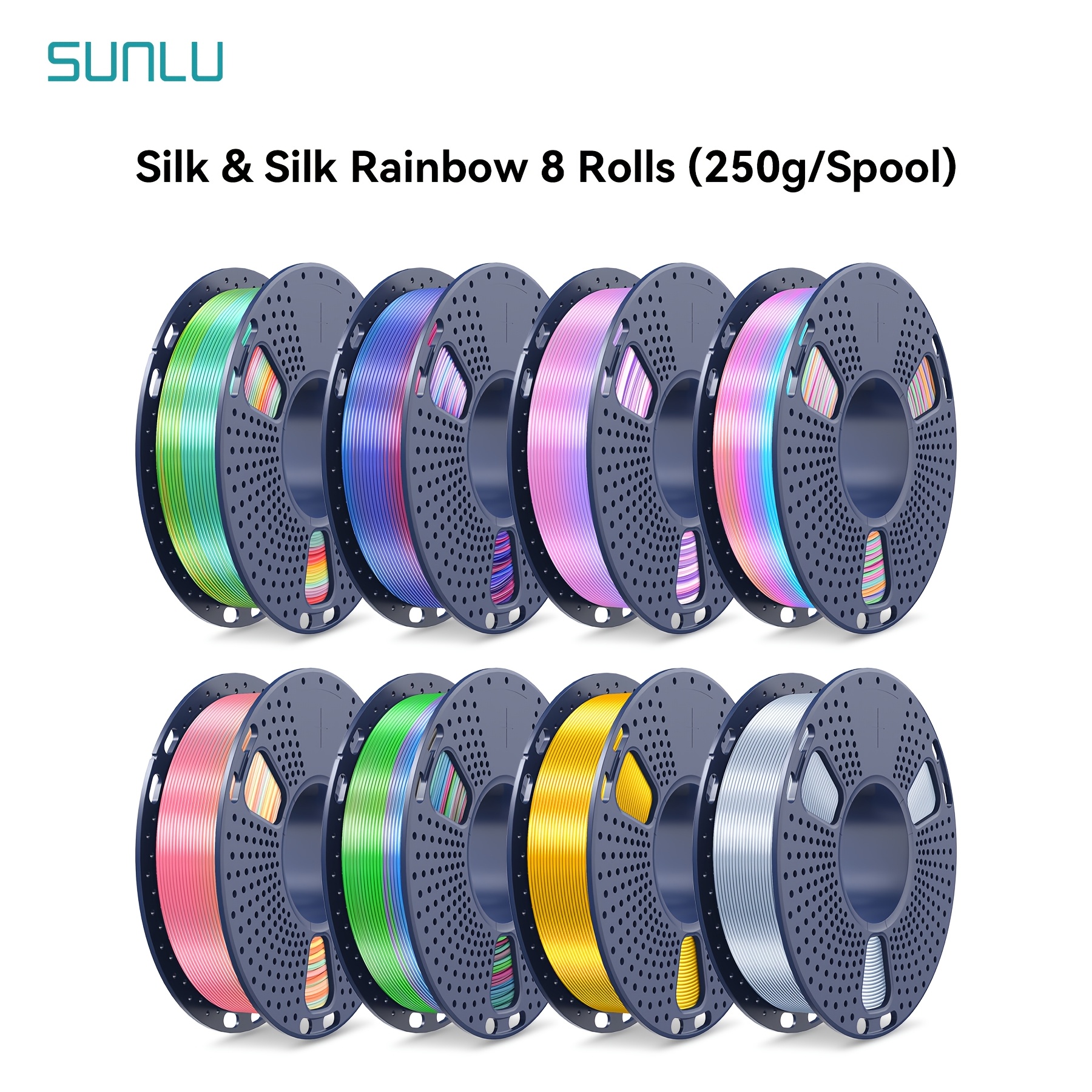 TEMU Sunlu Rainbow Pla 3d Printing Filament, X 8, Smooth End, Flexible, Durable Rainbow X 6 + Light Golden + Silvery