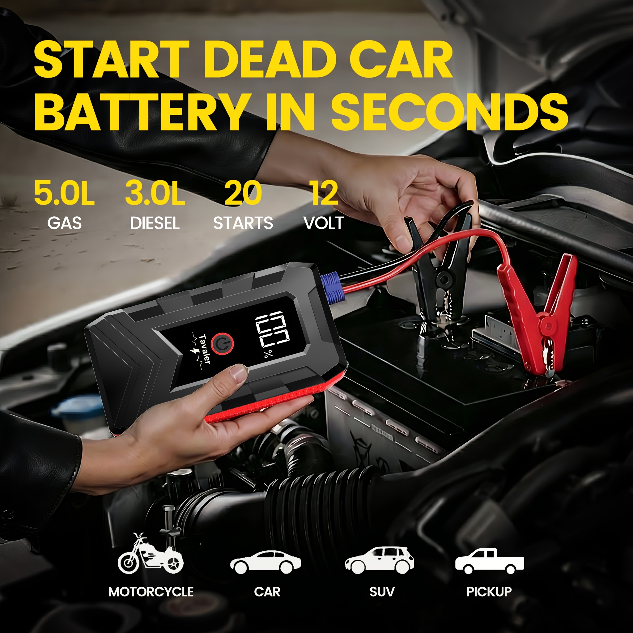 TEMU Démarreur de voiture portable 3-en-1 pour tablette, 12V, booster de batterie de secours avec écran LCD numérique, lampe de poche LED SOS, 6