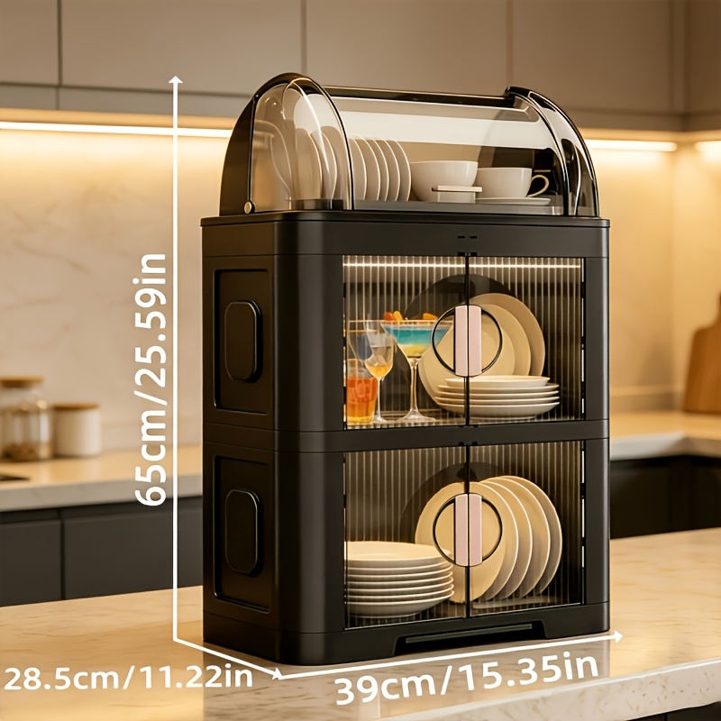 2/3 Layers Curved Transparent Lid Dustproof Bowl And Dish Drying Rack, With Pull-out Drip Pan Countertop Bowl And Dish Storage Cabinet, Easy To Assemble Plate Bowl Tableware Rack