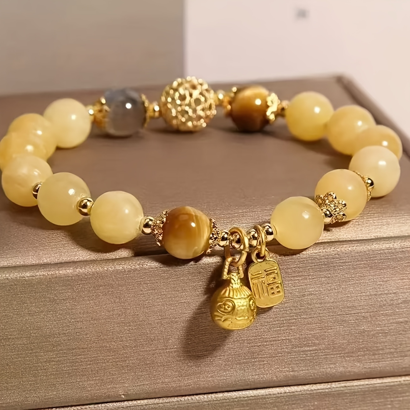 TEMU Elegant Citrine Bead Bracelet With - Bohemian Style, Natural Stone, Suitable For Daily Wear And Gifting