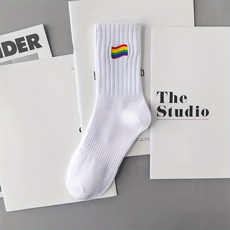 Image of 1/2/4/5 Pairs Rainbow Embroidery Sports Socks Breathable And Comfortable Fashion Socks And Korean Socks