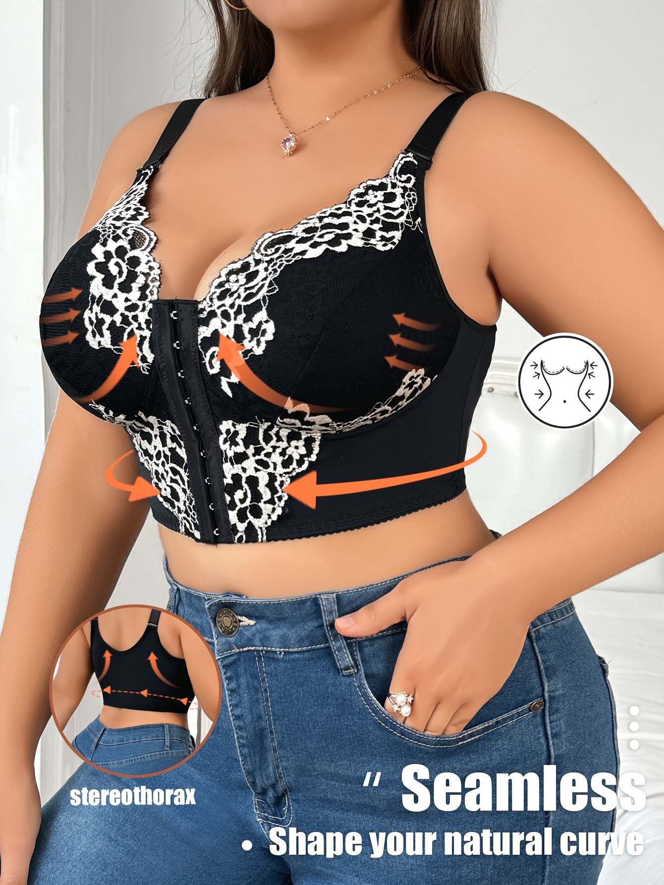 1pc Elegant Plus Size Front Closure Lace Bra, Sexy Floral Pattern, Polyamide Knit Fabric, Medium Stretch, Wireless, No Padding, Contrast Lace Detail