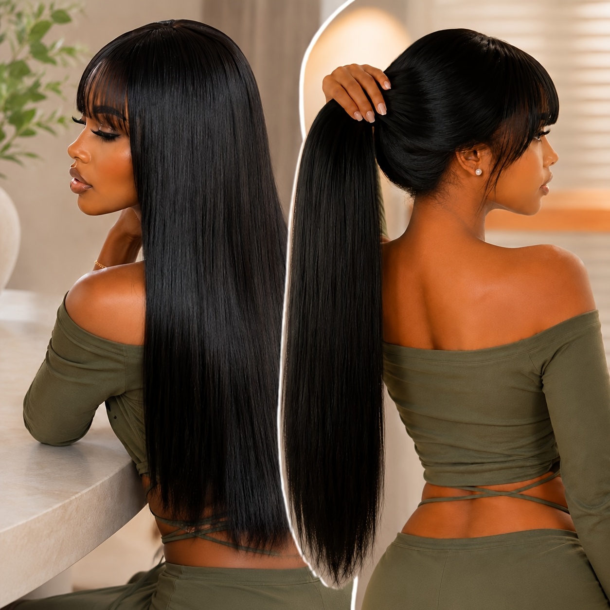 TEMU Elegante 24-inch zwarte lange rechte pruik met pony, look, high-density synthetische , damespruik voor cosplay, dagelijks gebruik en reizen.