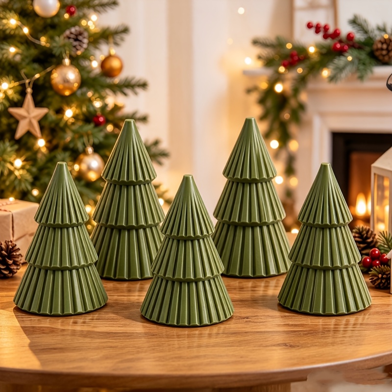 TEMU Ensemble de 5 de Noël verts, figurines de table minimalistes côtelées, ornements de sapin de Noël pour étagère, cheminée, bureau, décoration de