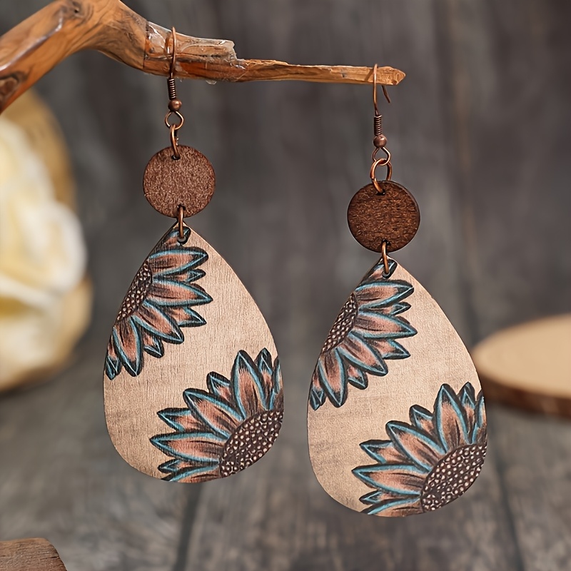 1 Pair -border New Bohemian Ethnic Style Teardrop Wooden Printed Round Piece Earrings, Without Battery