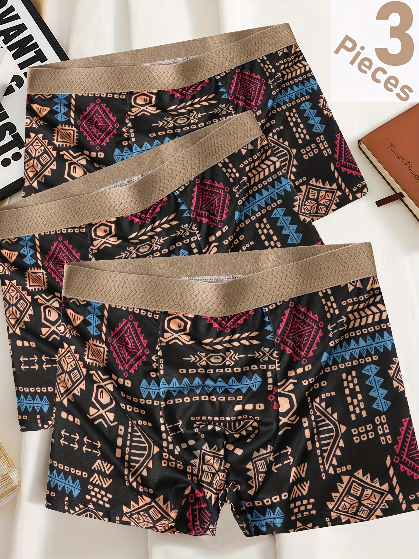 3 pack mens boxer briefs solid color textured waistband with geometric floral print medium stretch fabric retro luxury underwear for casual daily wear comfortable undergarment fashionable underwear mediumstretch fabric