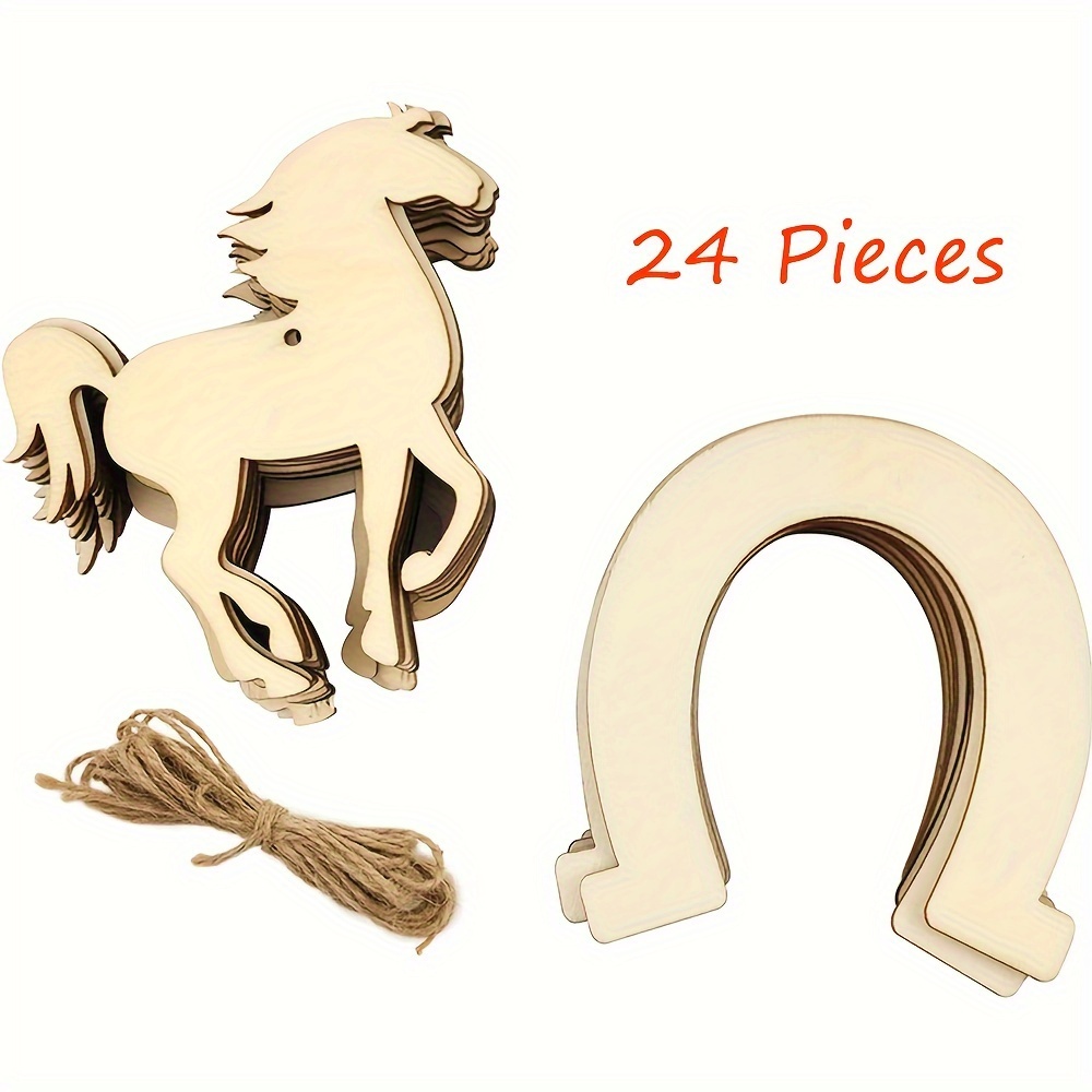 

24- Wooden Horse And Horseshoe Cutouts - Unfinished Wood Hanging Ornaments For Diy Crafts, Home & Party Decor, Use - No Electricity Needed, Featherless, Manufactured Wood