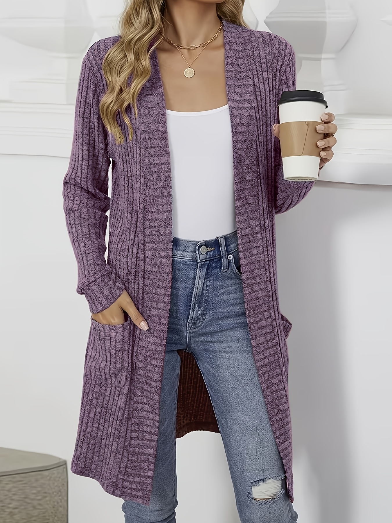 Autumn/Winter Long Solid Color Long Sleeve Loose Fit Pocket Cardigan Outerwear for Women