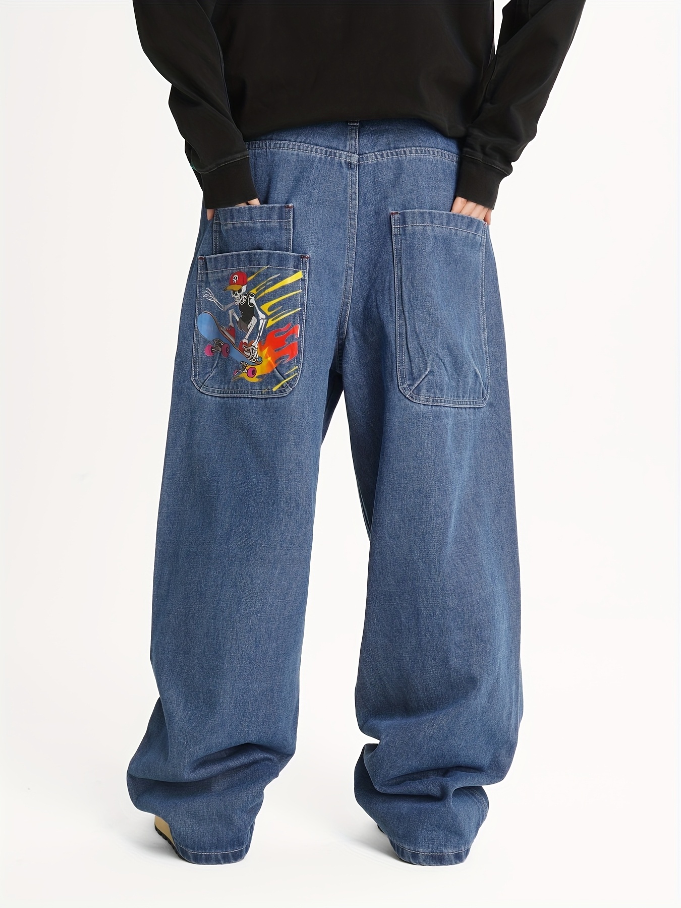 1pc mens y2k skateboard print wide leg baggy jeans washed - Temu