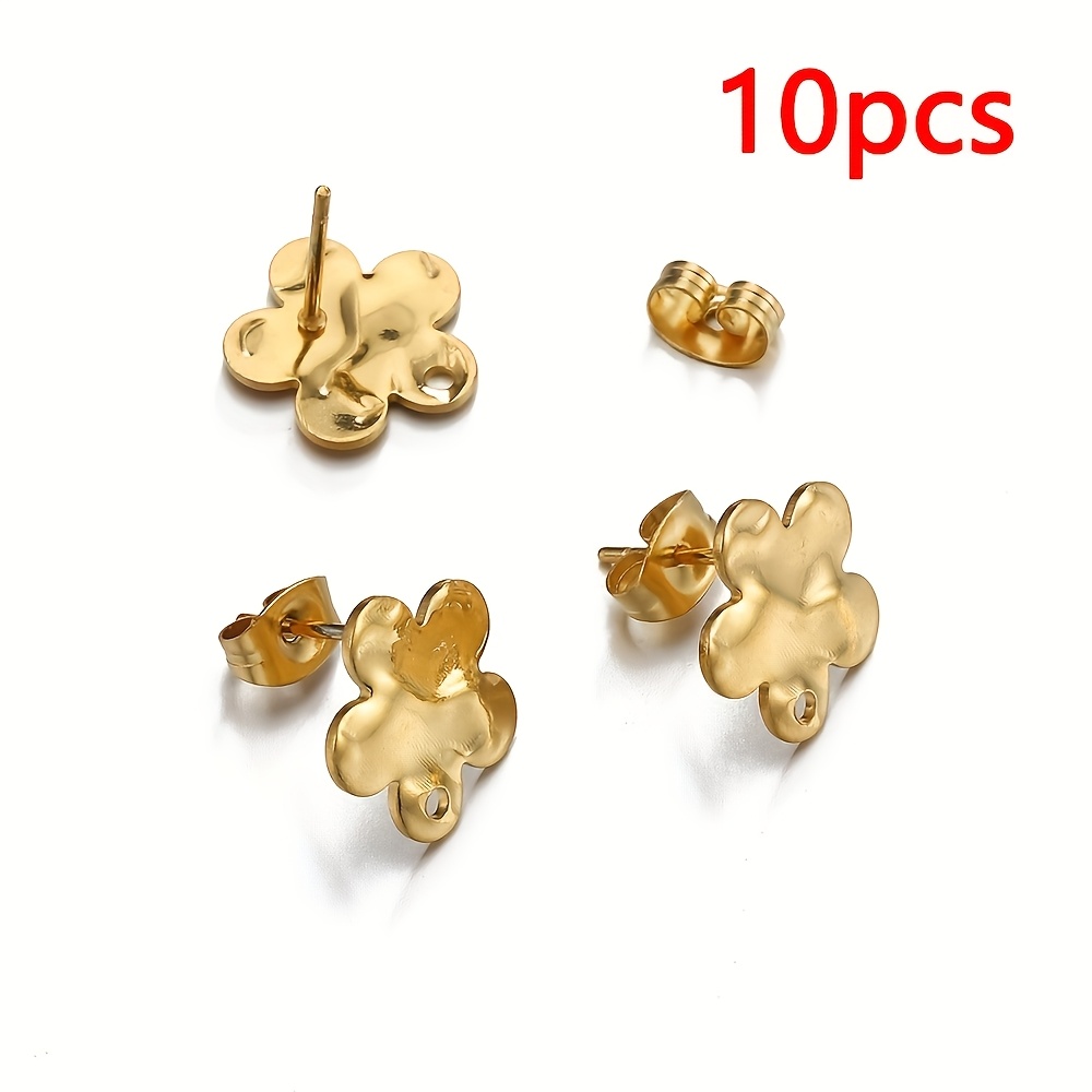 Image of 10pcs Golden Stainless Steel Ear Studs Earrings Texture Flower Shape Earring Dangle Earrings With Earplugs For Jewelry Making Findings