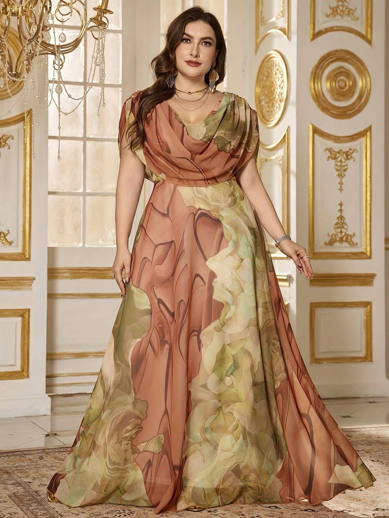 plus size gold boat neck long sleeve dress Chantae Plus Size Gold Short Formal Dress– Hello Curve main image 1