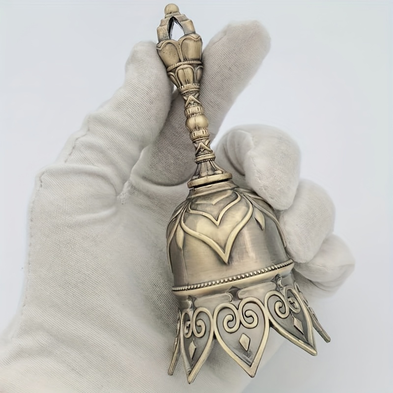 TEMU 1pc, Vintage Bronze Color And Golden Hand Bells, 2 Colors . Features Intricate Carvings. Classroom Bell, Tibetan-style Meditation Bell, Dinner