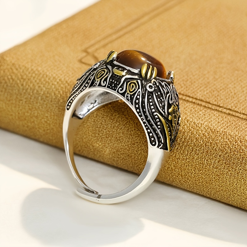 Tiger's Eye Adjustable Ring, Retro Inlaid Design