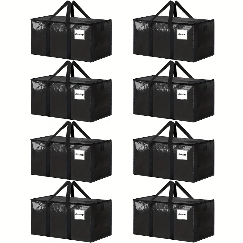 Set Of 8 Extra-large Heavy-duty Moving Bags, Black Storage Boxes With Lids, Reinforced Handles, And Heavy-duty Zippers For Packing Clothes, Dorm, And College Supplies, In Black