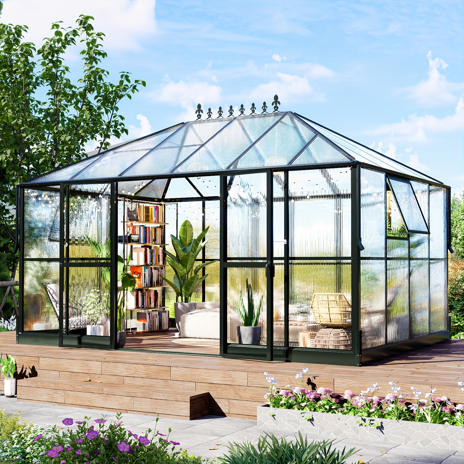 

Polycarbonate Greenhouse With 2 Vents And Double Swing Doors 6ft Added Wall Height, Walk-in Large Sunroom Aluminum Greenhouse For Outdoors, Black