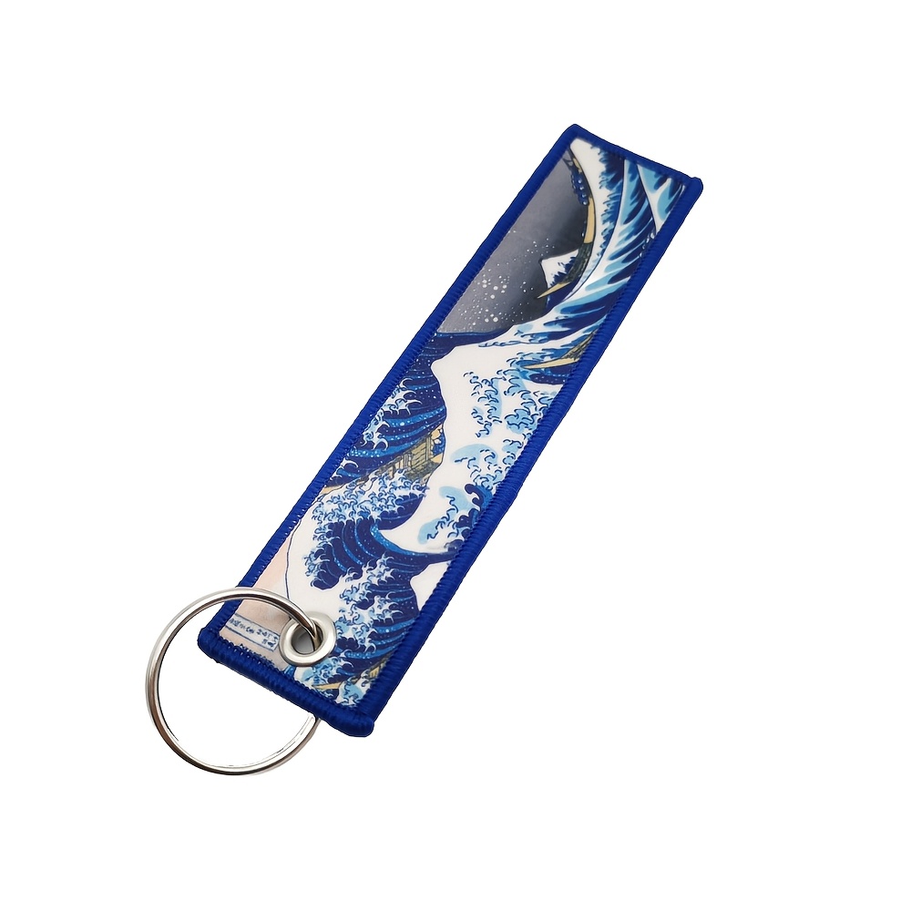 TEMU 1pc Jdm Wave Pattern Fabric Key Tag Car Keychain - Heat Transfer Printed Car/motorcycle Key Ring & Backpack Charm, Durable Multi-use Accessory