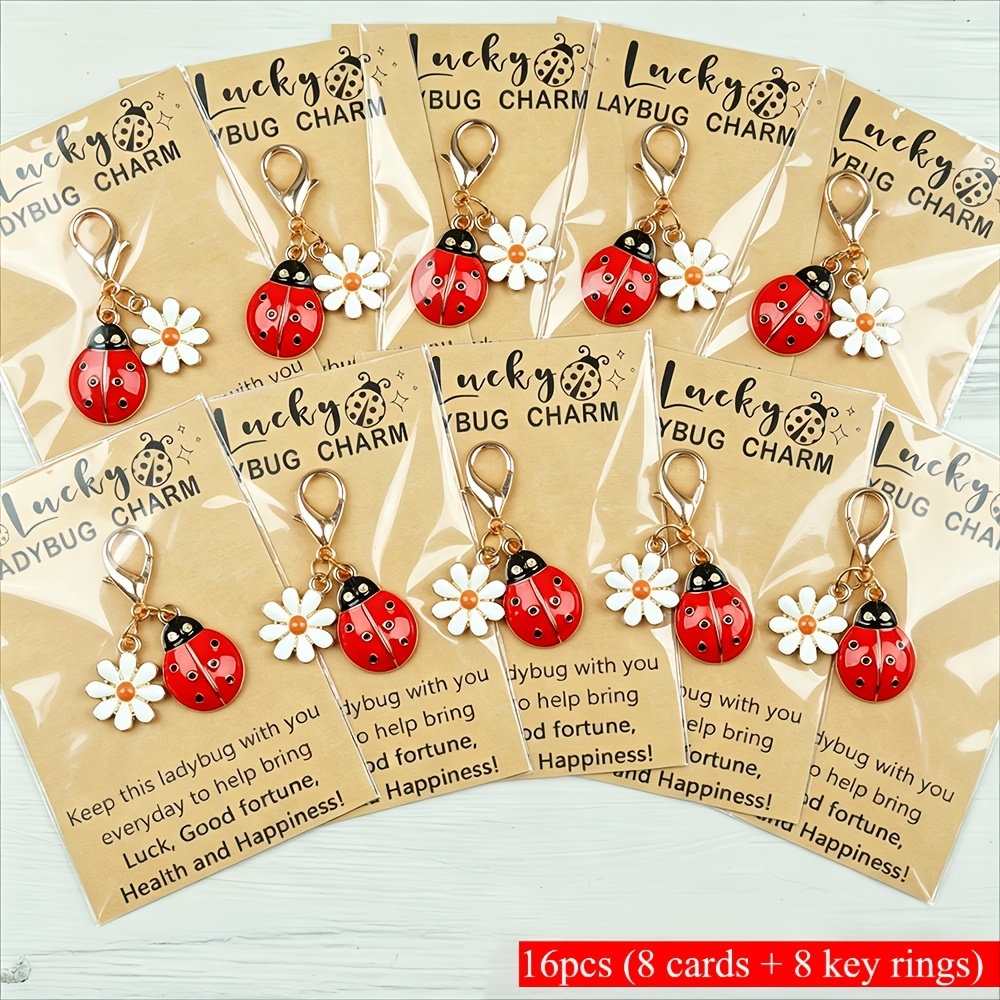 TEMU Regalo /Lui 16 pezzi (8 biglietti + 8 portachiavi) Portachiavi con e margherita - biglietti con coccinelle, per feste, compleanni, matrimoni,