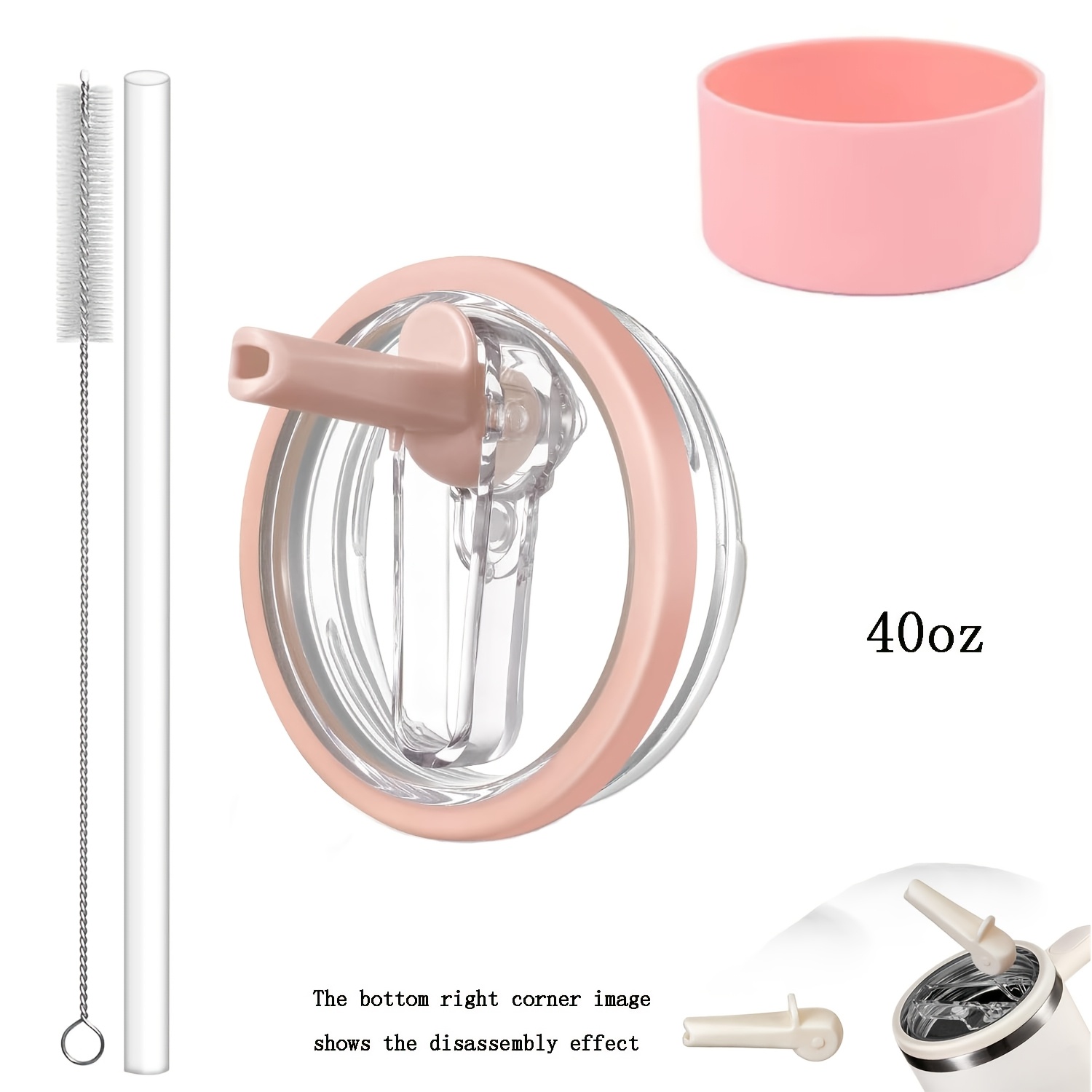 TEMU 4pcs Detachable Lid Set For 40oz Sports Cup Additions, Includes 1pc Removable Lid, 1pc Straw, 1pc Straw Brush, 1pc Cup Mat, Complete Additions,