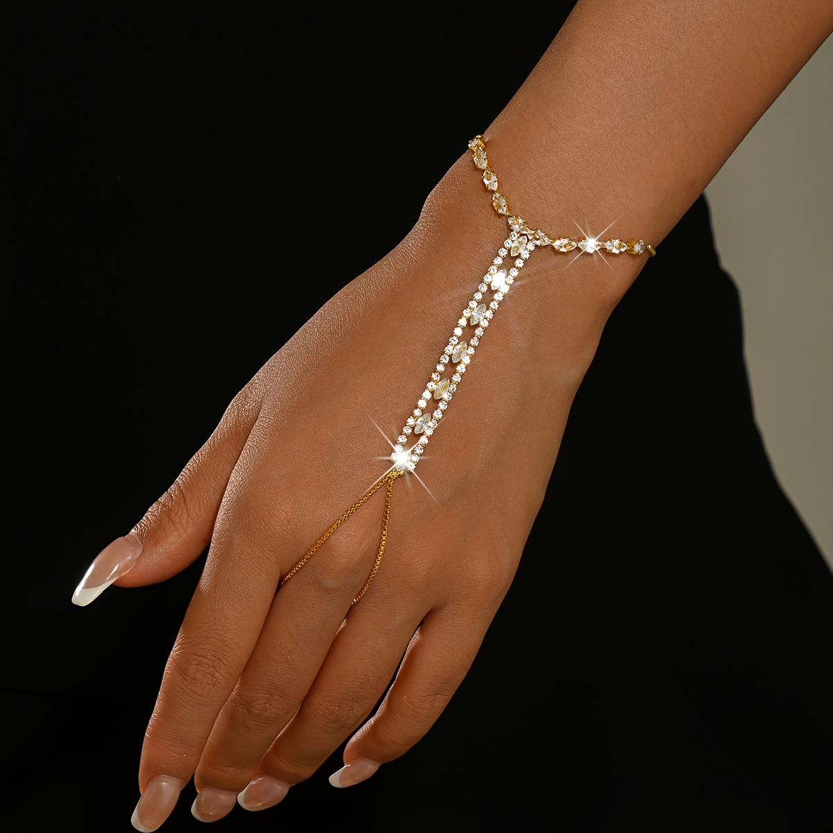 Women's Double-Layer Rhinestone Mitten Cuff Back Chains