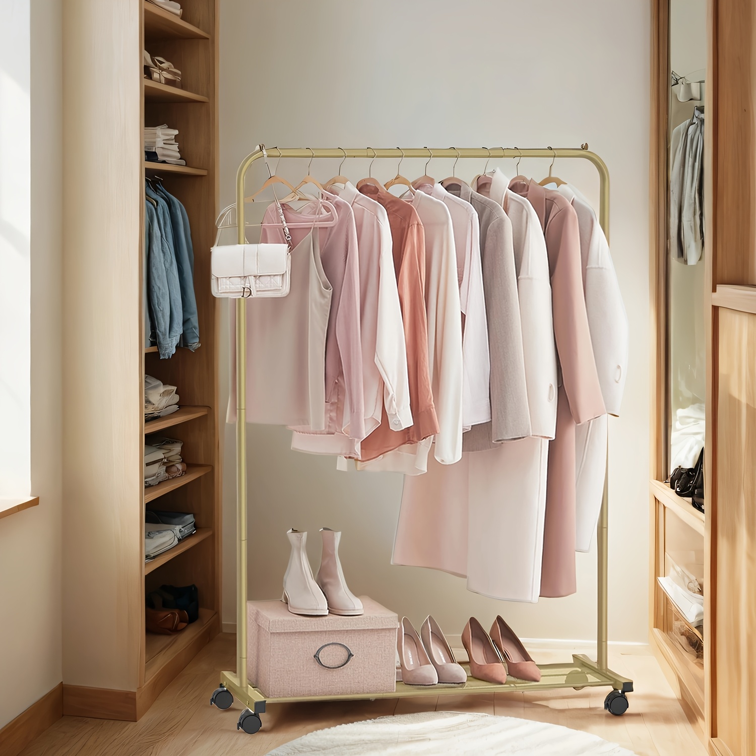 Clothes Rack On Wheels, Wardrobe With Shelf, With Brake, Rod Can Hold Up To 40kg, Golden-colored