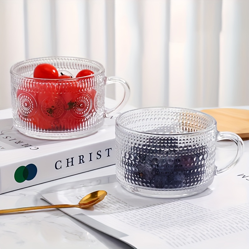 TEMU 4pcs Retro Coffee Cup Set, Transparent Patterned Glass With Handle, Bamboo Lid And Spoon -15.2oz/450ml. Very Suitable For Latte, Milk, Overnight Oatmeal Yogurt Glass Tea Cups, Glassware Gifts