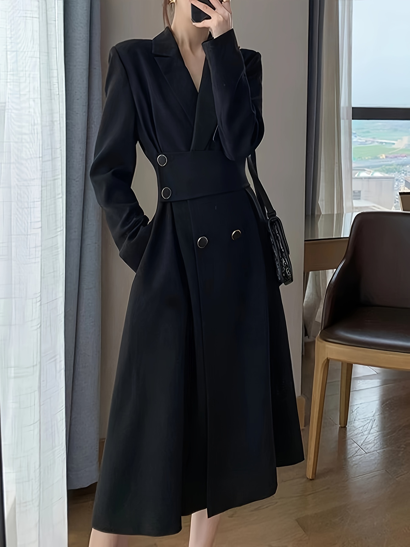 1pc elegant black midi trench coat women long sleeve lapel Temu