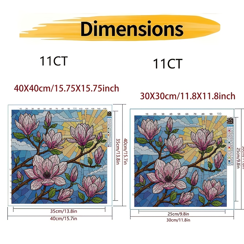 DIY Cross-Stitch Printed Kit, Colored Glass Pink Magnolia Design