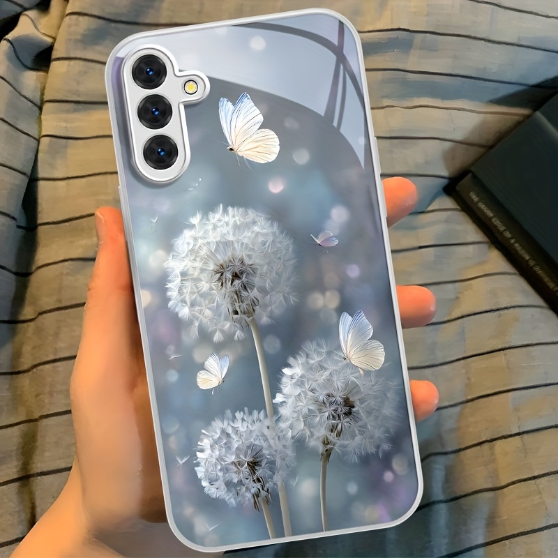 TEMU Phone Case: Dandelion Beautiful Art Silvery Frame Glass Phone Case Compatible With Galaxy A04 A04s A06 A13 A14 A15 A16 A22 A23 A24 A25 A32 A33