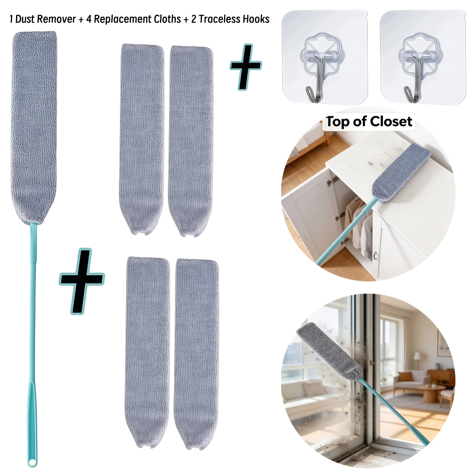 TEMU 1 Extended Wand & 4 Cloths   Reusable Microfiber System Suitable For Sofa, Cabinet, Bed Bottom Dust Removal - Punch-free Adhesive Hooks, Multi-