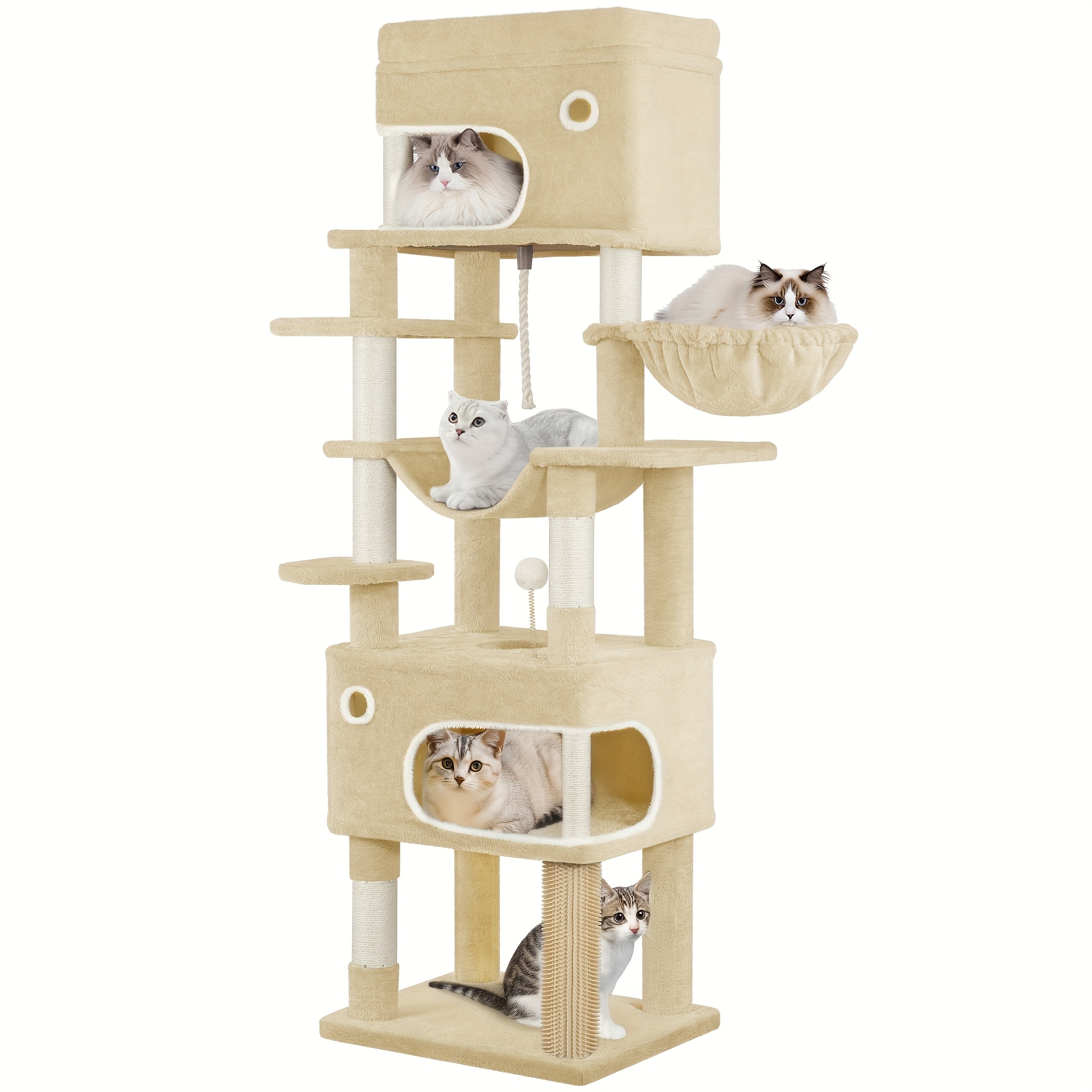 Cat Tree, 178cm Cat Tree With Large Platform, 2 Caves, 7 Scratching Posts, Pompoms, Loungers, Hammock, Suitable For All Cat Breeds, Beige