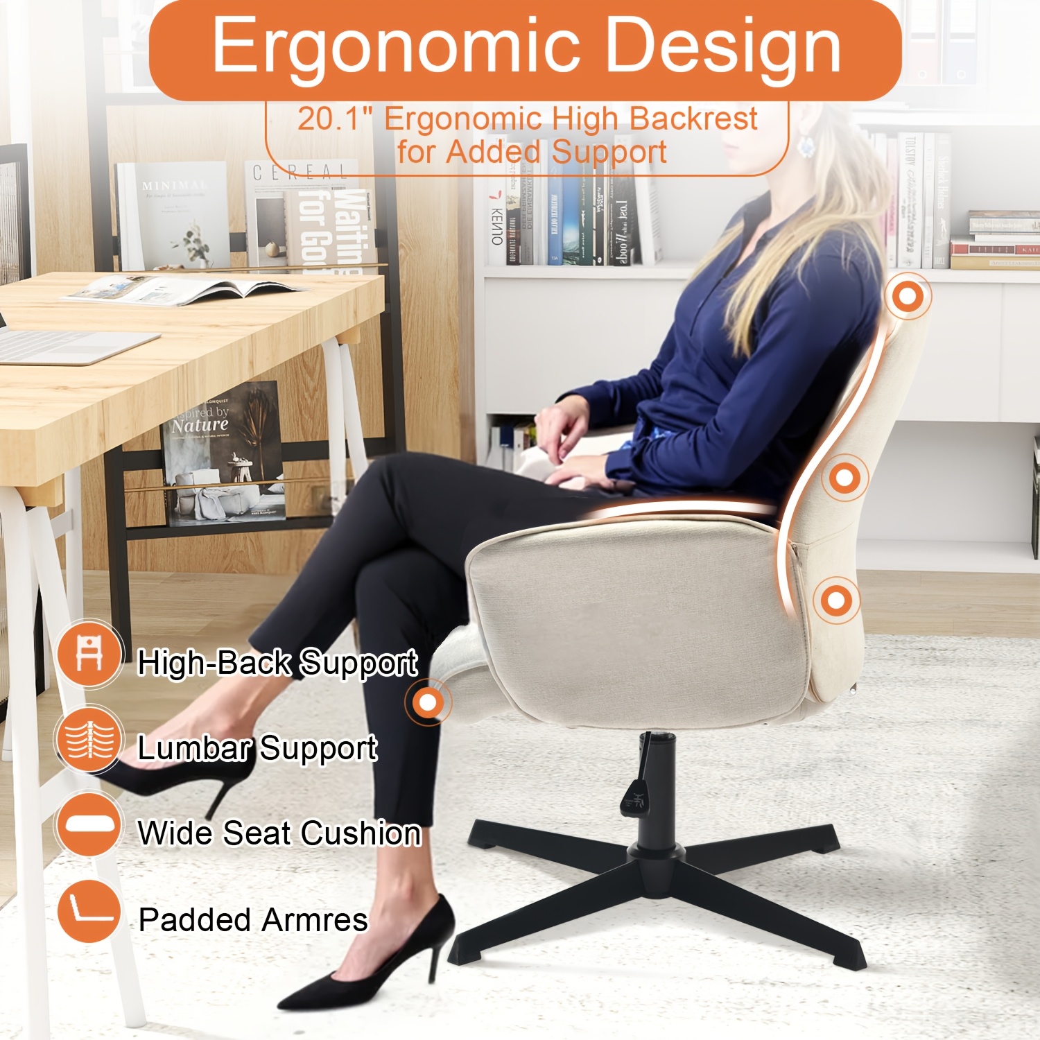 Homy Casa Beige Upholstered Chenille Dining Chair, Side Chair, Swivel Adjustable Height Accent Chair Featuring Padded Arms And Iron Legs, Modern Design Suitable for Cafe, Kitchen, Dining Room, Available in Single Piece Or Sets of 2 Or 4