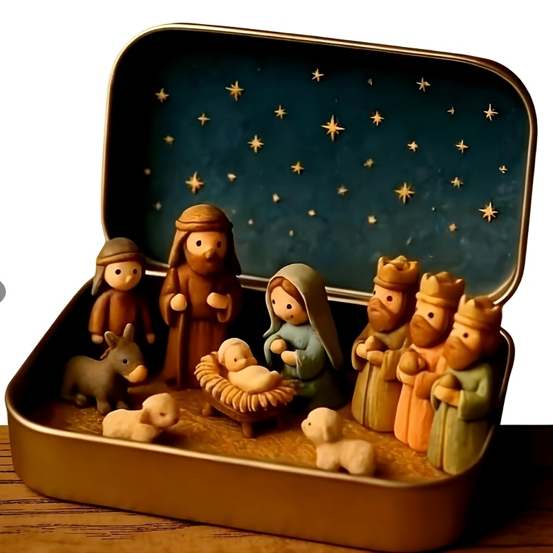 Portable Handmade Christmas Nativity Micro Sculpture In Tin Box, Set With Mary, Shepherd & Animals, Hand Painted Holiday Decor Suitable For Indoor & Outdoor Use