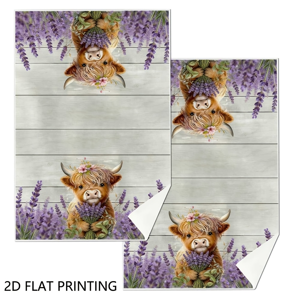 TEMU 2pcs Scottish Highland Cow & Dishcloths - Farmhouse Kitchen Towel Set With Lavender Cow Print, Absorbent Suitable For Cooking, Baking, Drying