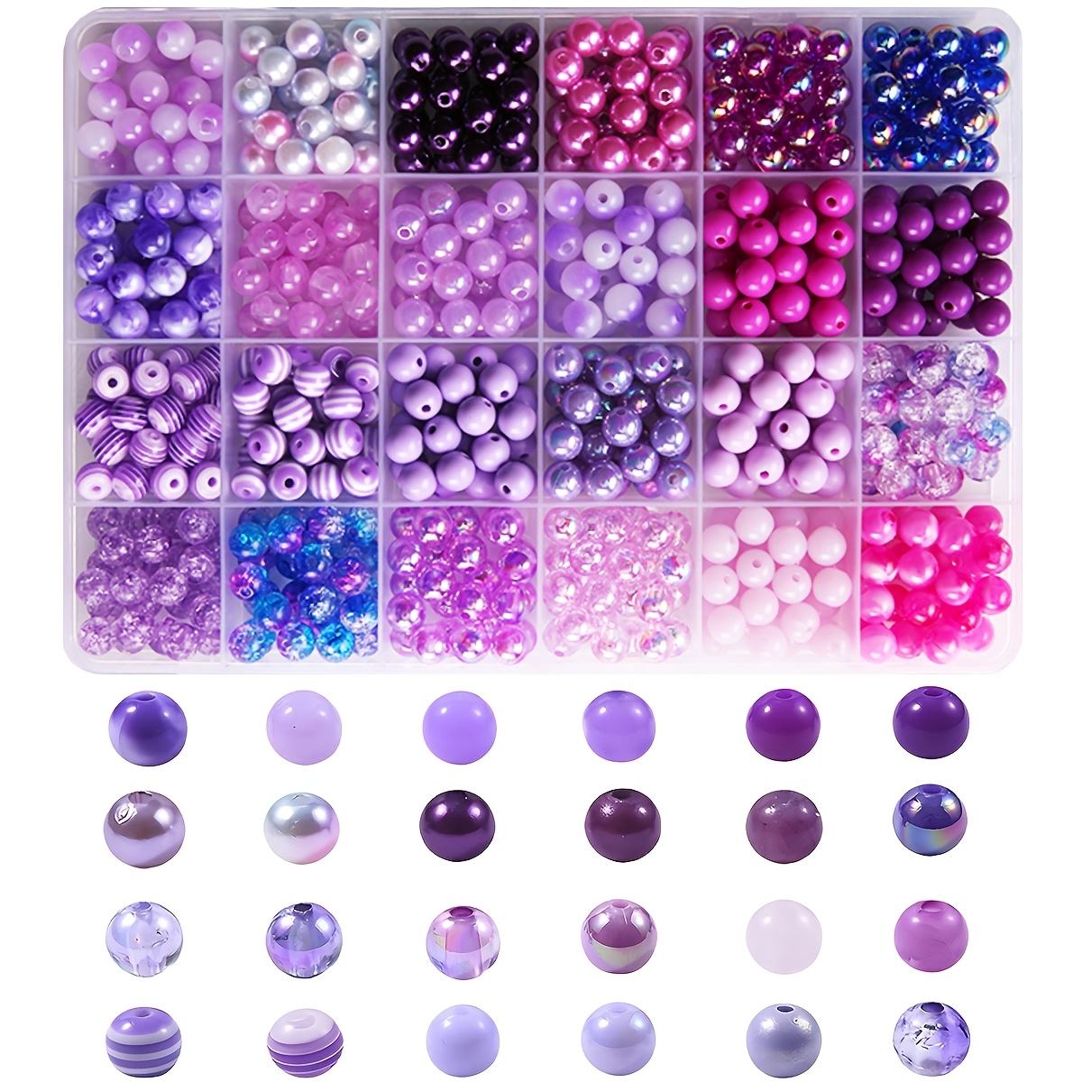 

480+pcs Elegant Purple Acrylic Beads Set, 24 Colors, 8mm Round Beads For Making Kit