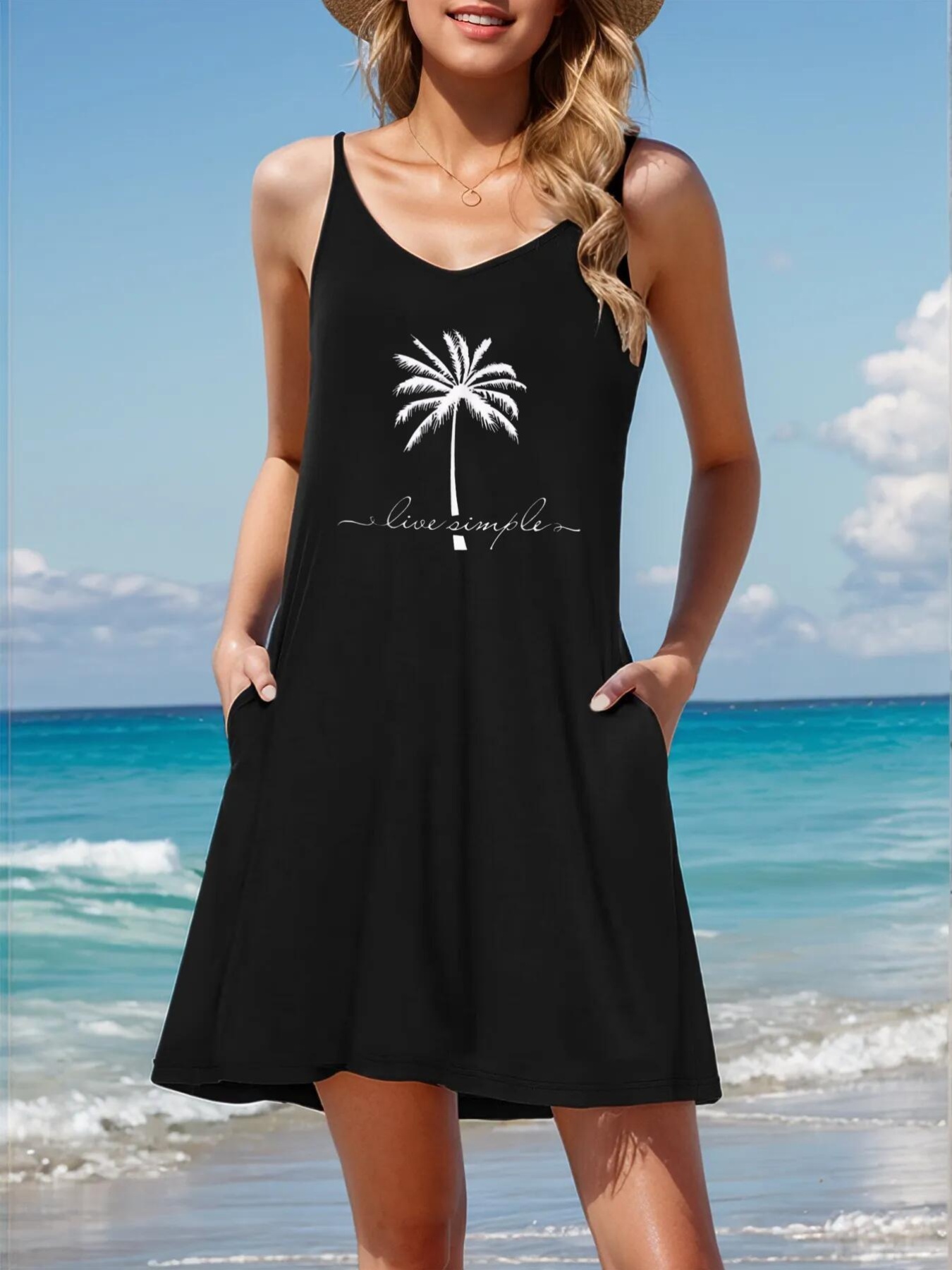 womens elegant v neck spaghetti suspender dress   tree live simple graphic print lightweight machine washable summer beach vacation dress for casual   dresses for beach breathable fabric