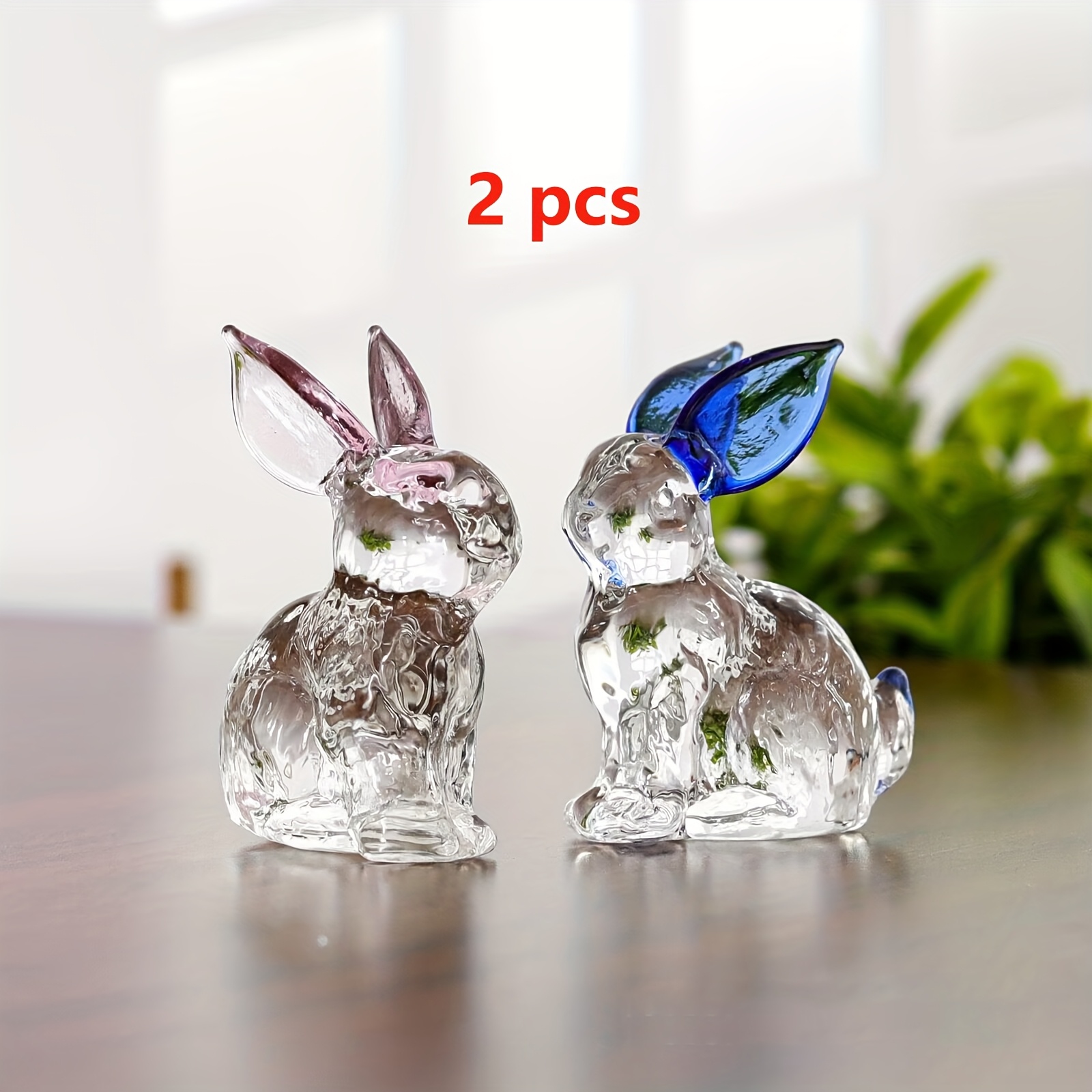 TEMU Set Of 2 Exquisite Handcrafted Crystal Glass Rabbit Figurines With Red And Blue Ears - A Stunning Multifunctional Decoration For Home, Office