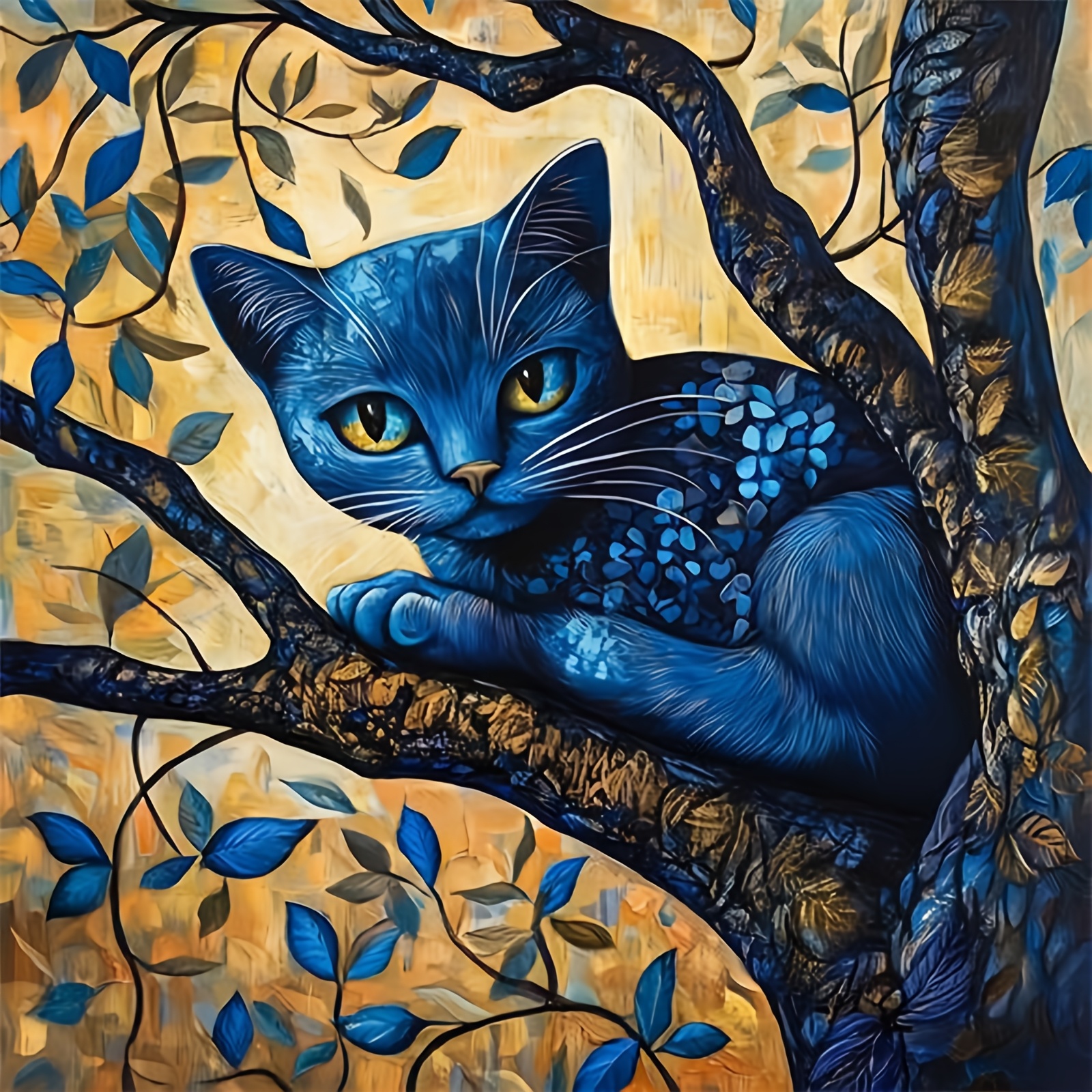 Cross-Stitch Printing Kit, Blue Cat on a Branch Design