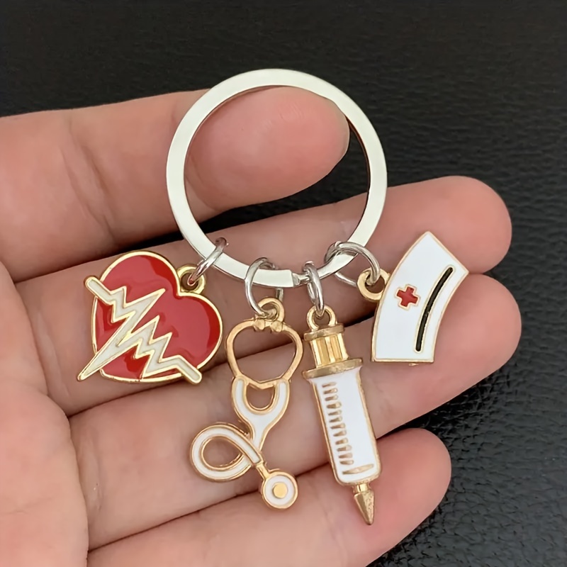 Keychain For Men Featuring With A Doctor, Nurse Mask, Stethoscope, Nurse Hat, And Love Electrocardiogram, Ideal For Medical And Rescue Workers